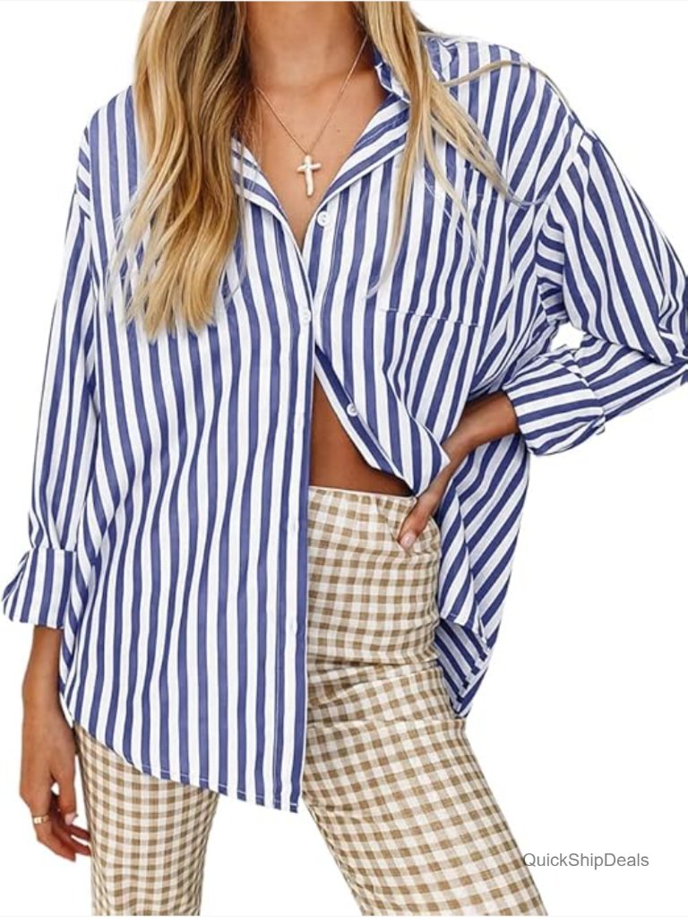 Polyester Rayon Button Down Shirt Long Sleeve V-Neck Casual Top